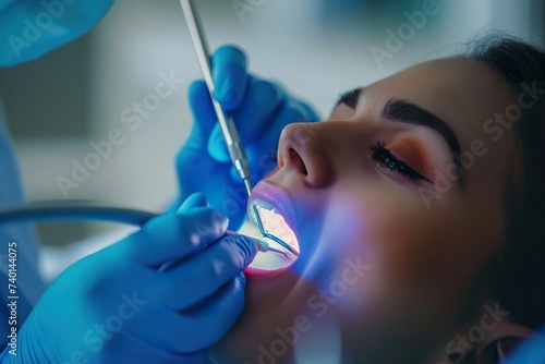 A woman receiving a dental check-up from a dentist  showing the inside view of her mouth.