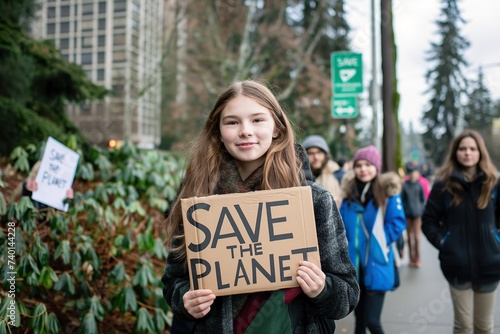 A teenage girl holds a sign that reads SAVE THE PLANET in this image. © Joaquin Corbalan