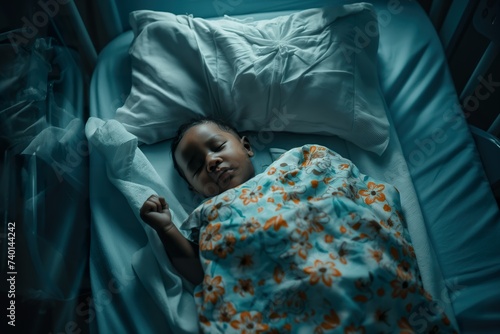 A small child peacefully sleeps in a hospital bed.