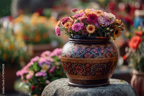 A vase filled with flowers is placed on top of a rock.