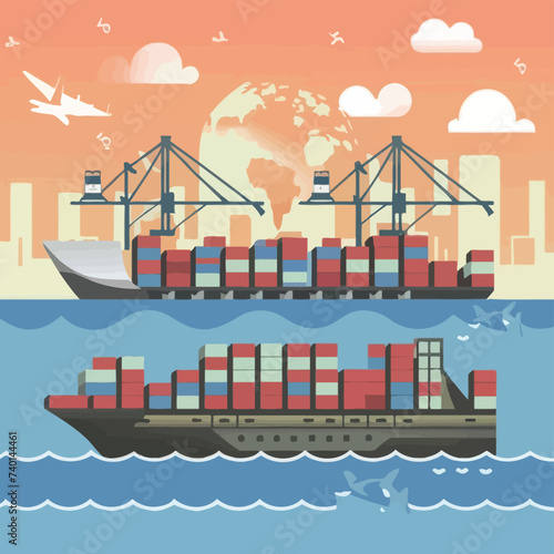 2d vector illustration colorful Land and sea transport techniques, methods and technological tools for transporting and shipping goods and products and logistic 

