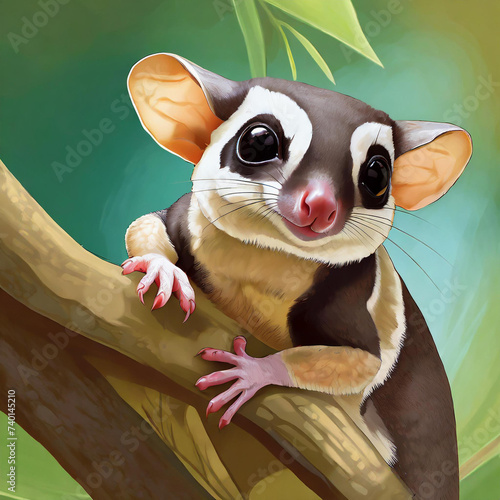 Close-up of a sugar glider (Petaurus breviceps) on a branch, Indonesia