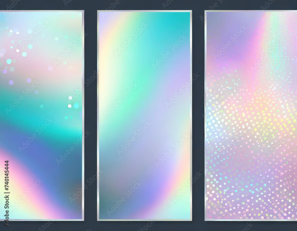 Hologram abstract backgrounds set. Vintage hologram backdrop with gradient mesh. 90s, 80s retro style. Iridescent graphic template for brochure, banner, wallpaper, mobile screen