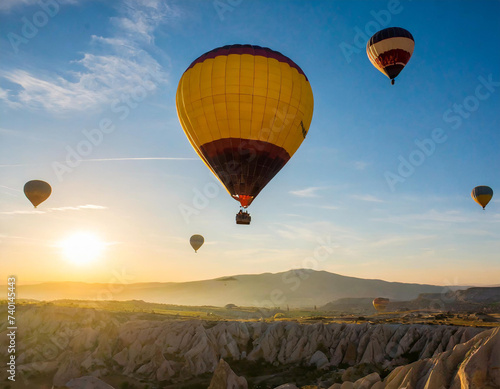 Hot air balloons at sunrise flying over Cappadocia, Goreme, Turkey