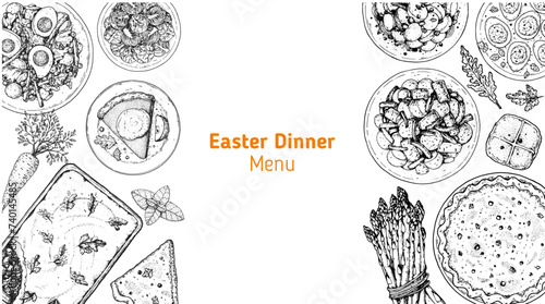 Easter food hand drawn sketch. Vector illustration. Festive table with Easter food. Engraved illustration. Menu set.
