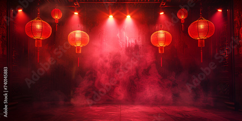 A stage with a red light and red decoration ,Red Smoke ,Spotlight with hanging lanterns from the ceiling for Chinese new year festive background concept   photo