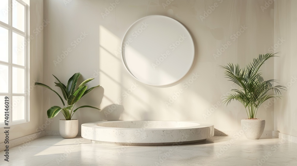 Minimal scene with podium, palm leaves and window Minimal scene with podium, palm leaves and window