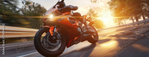 a speeding superbike tearing down the highway at sunset, immerses viewers in the adrenaline-fueled thrill of the open road. photo