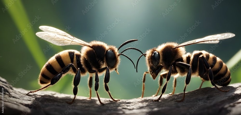 Two bees, a type of pollinator insect and arthropod, are perched ...