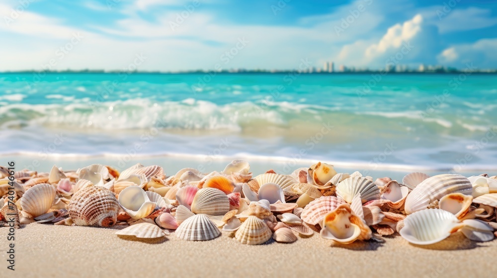 Tropical beach with various shells in sand, copyspace for text. Concept of summer relaxation Tropical beach with various shells in sand, copyspace for text. Concept of summer relaxation