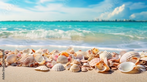 Tropical beach with various shells in sand, copyspace for text. Concept of summer relaxation