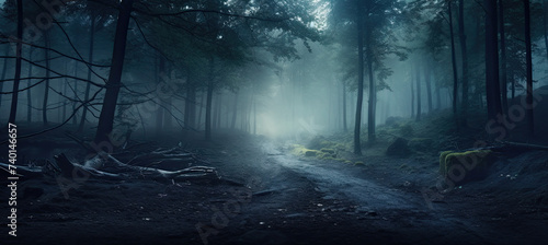 Panorama of foggy forest. Fairy tale spooky looking woods in a misty day. Cold foggy morning in horror forest