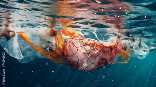 A net capturing the plastic debris frm the ocean. Pollution and cleanning the environment. photo