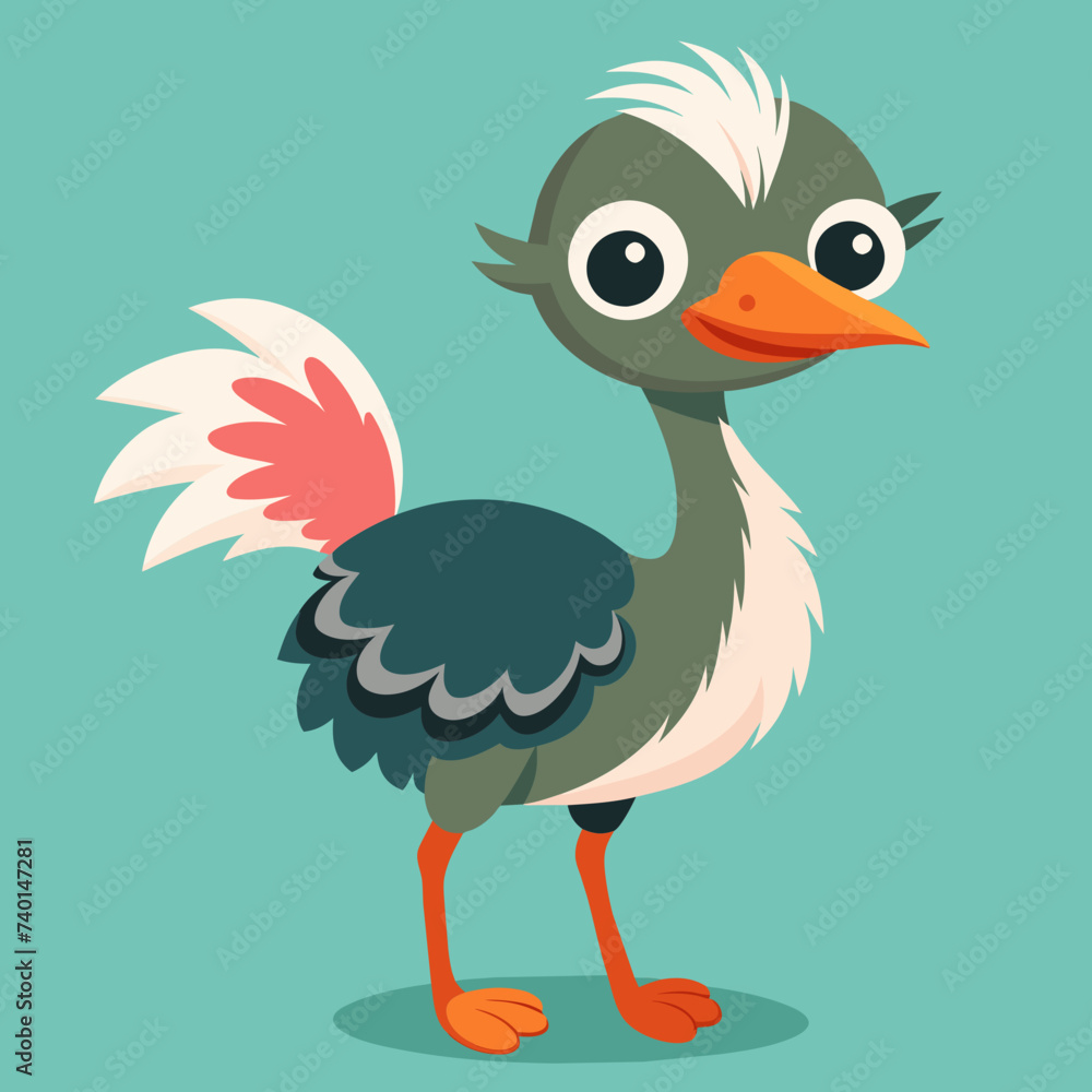 A cartoon ostrich with a long neck and big eyes stands on two legs. Children vector illustration A cartoon ostrich with a long neck and big eyes stands on two legs. Children vector illustration