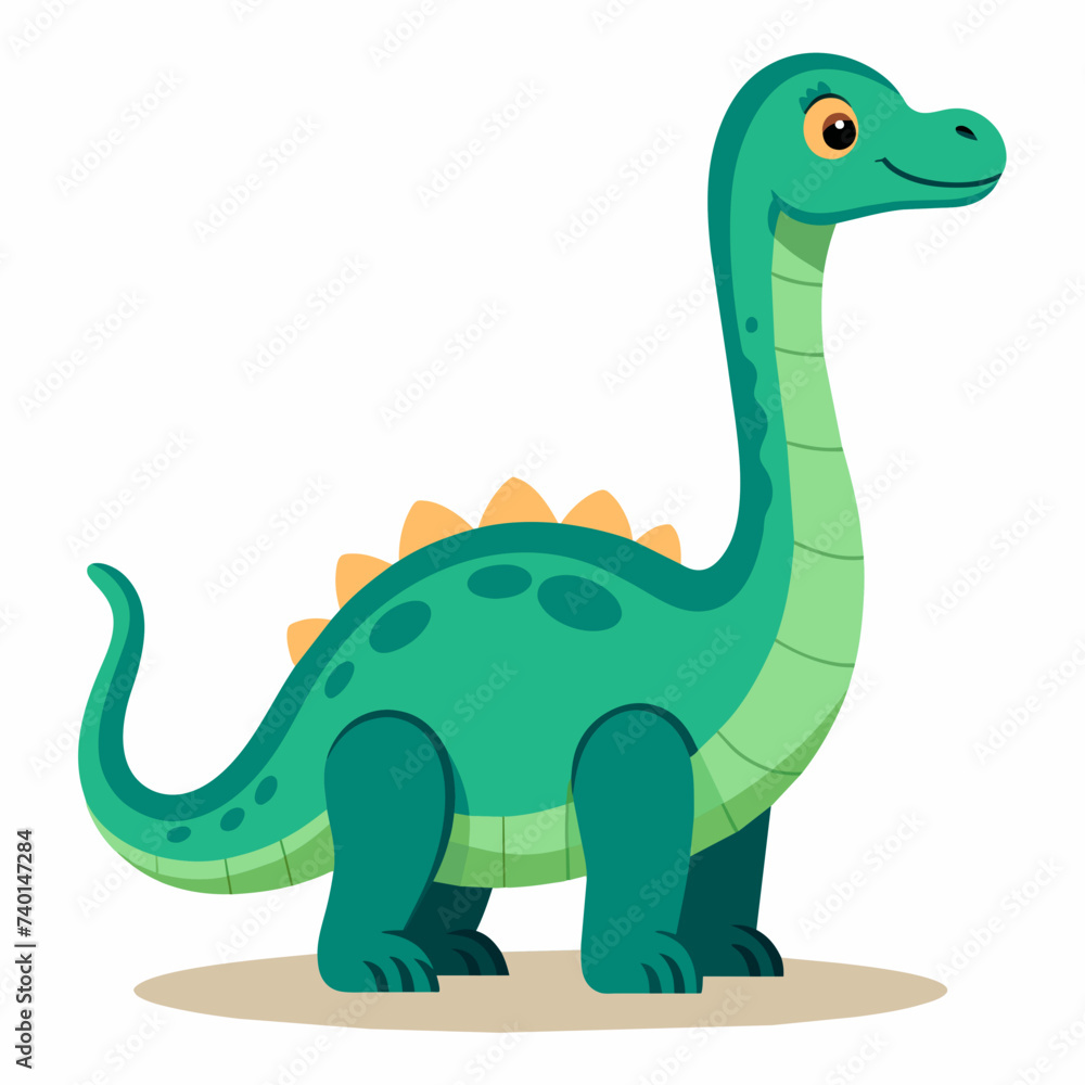A green jolly dinosaur with a long neck stands on four legs and smiles. Children's cartoon vector illustration. Vector illustration isolated on white A green jolly dinosaur with a long neck stands on four legs and smiles. Children's cartoon vector illustration. Vector illustration isolated on white