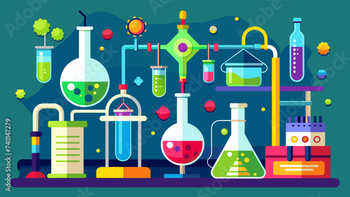 Chemical laboratory for drug and antidote development with many flasks. Vector illustration