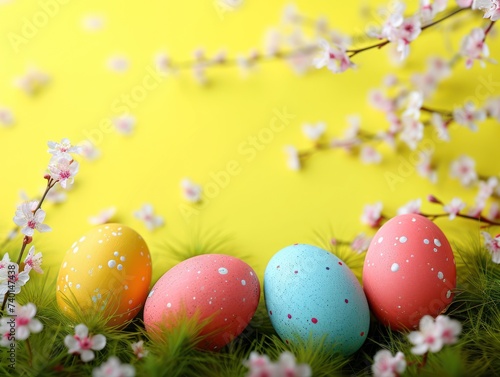 Easter background for the presentation. banner. Colored Easter eggs on a yellow background