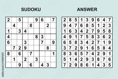 Vector sudoku with answer 477. Puzzle game with numbers.