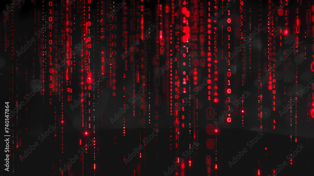 Red Binary Code Streaming in Darkness