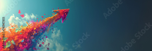 Arrow sign moving up on blue sky background. Copy space.
