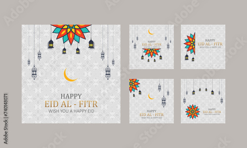 eid al fitr 5types post deisgn wth lantern  and pattern, masque, mandala, moon