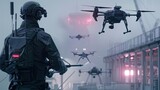 a cutting-edge cyber security system in action, with drones patrolling the perimeter of a secure facility, showcasing advanced surveillance and threat detection capabilities.