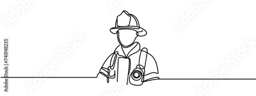 Single one continuous line drawing of young male firefighter wear safety jacket and helmet. Professional work profession and occupation minimal concept. Design graphic vector illustration photo
