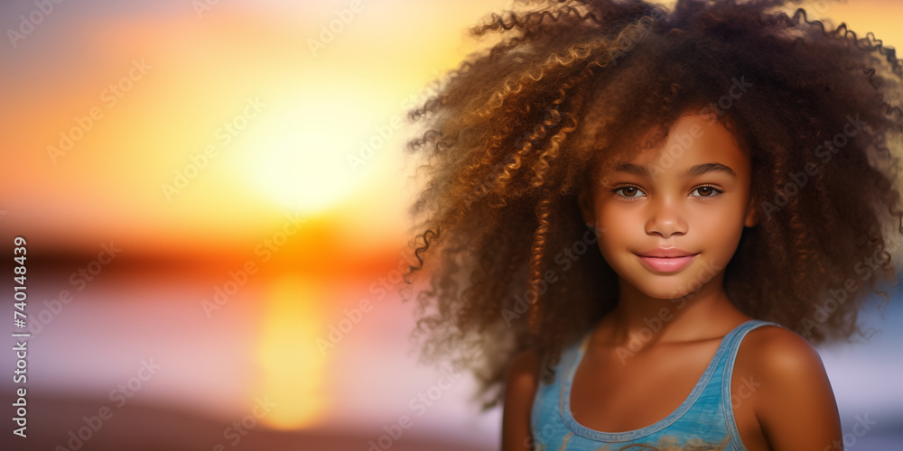 Beautiful african american girl with afro hairstyle at sunset. Copy space Beautiful african american girl with afro hairstyle at sunset. Copy space