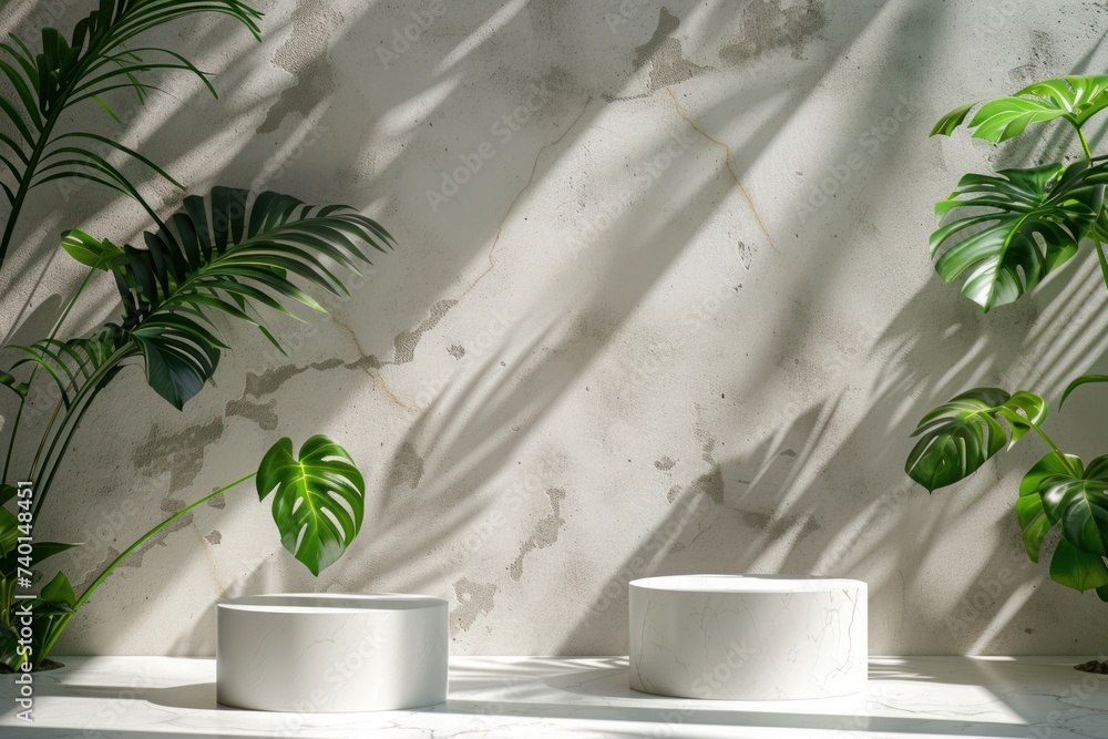 Marble backdrop with deep green Monstera leaves and modern white planters, highlighted by dynamic sunlight and shadow play. Marble backdrop with deep green Monstera leaves and modern white planters, highlighted by dynamic sunlight and shadow play.