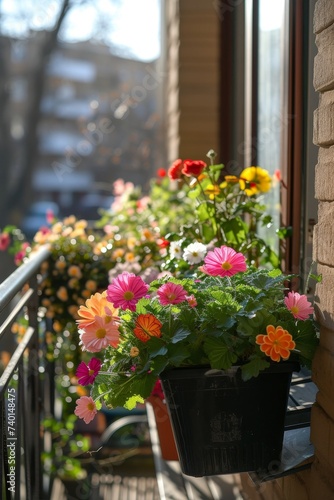 Colorful flower pots lined up on a modern urban balcony 