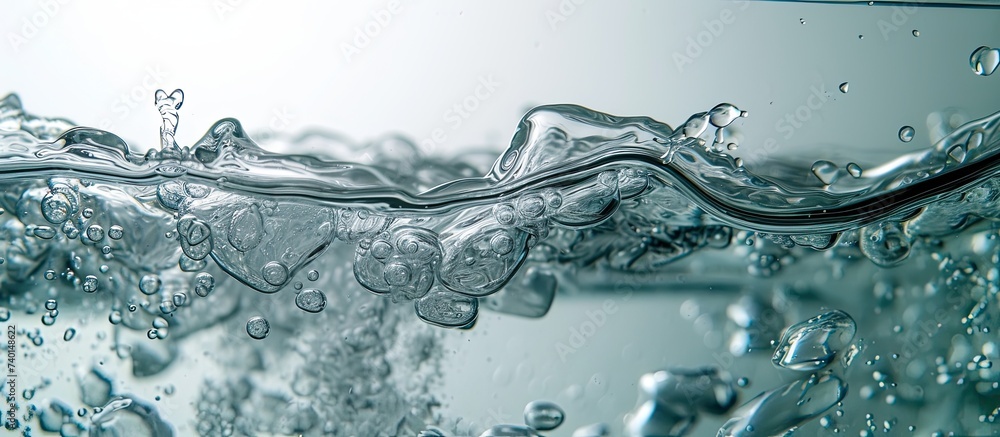 Cold clear water with pieces of ice on a light background. Cold clear water with pieces of ice on a light background.