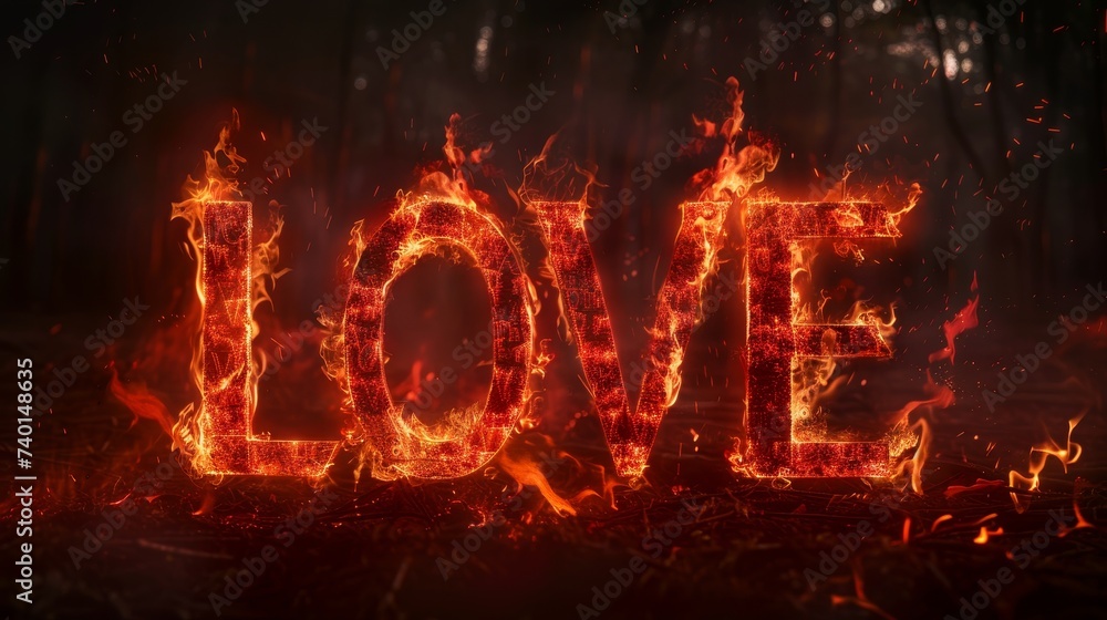 the word love depicted in flames on a dark black background. The intense fire forms each letter, creating a striking and captivating visual