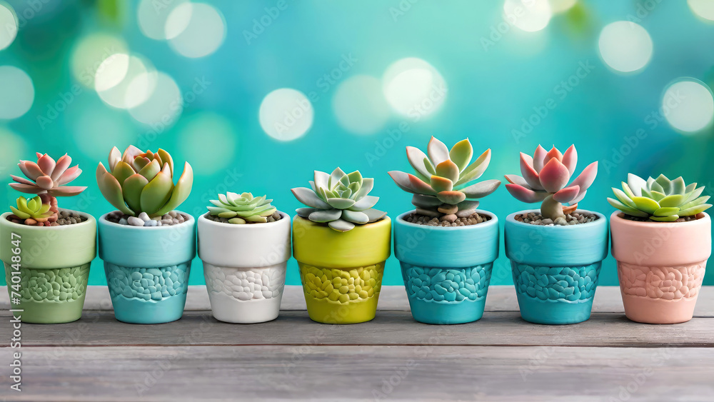 Collection of various succulent and cactus plants in different ceramic pots. Potted ornamental houseplants on wooden table against blurred green bokeh background.Generative AI