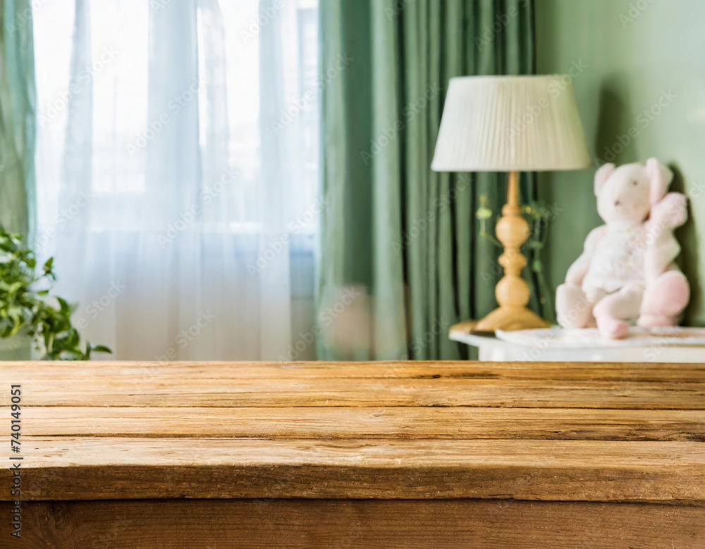 Empty wooden table in baby room interior Empty wooden table in baby room interior