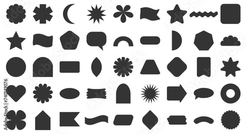 Simple abstract geometric shapes. Large set of design elements for stickers, labels and price tags. Black shapes silhouettes isolated on white background. Heart star flag arrow and crescent.