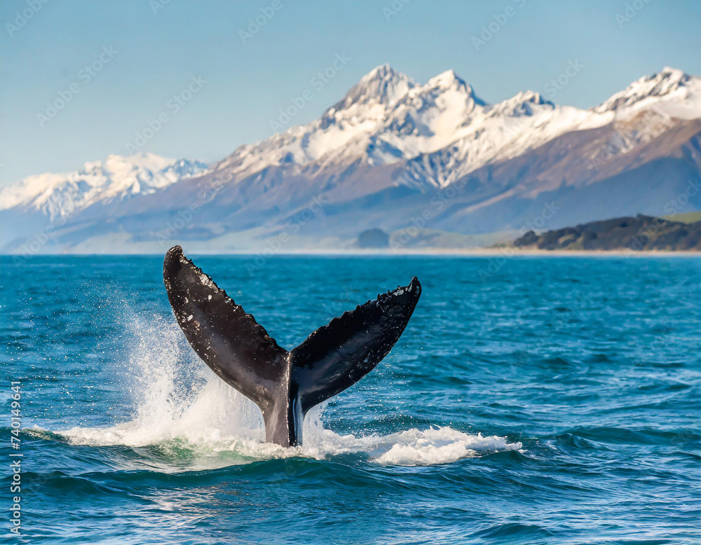 Fototapeta premium Whale tail fluke splashing in ocean against a mountain backdrop, Kaikoura, Canterbury, South island, New Zealand