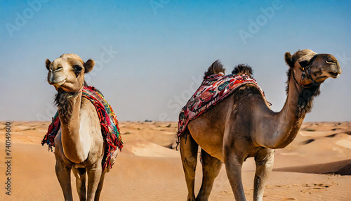 Two camels standing in the desert, Saudi Arabia