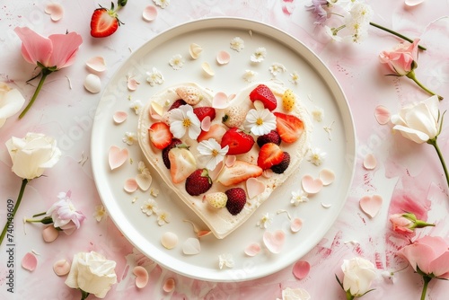 heart-shaped cake adorned with fresh strawberries, beautifully presented on a plate