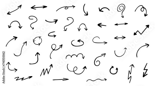 Hand drawn various curved lines and arrow curls. Drawing with a marker, different arrows in pen. Set of vector icons. Outline direction signs. photo
