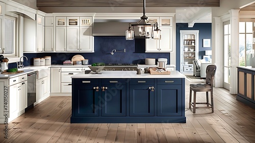 A coastal inspired kitchen with white cabinets and navy blue island, evoking a nautical and seaside vibe photo