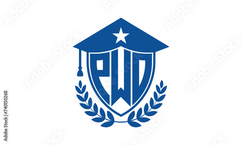 PWO three letter iconic academic logo design vector template. monogram, abstract, school, college, university, graduation cap symbol logo, shield, model, institute, educational, coaching canter, tech photo