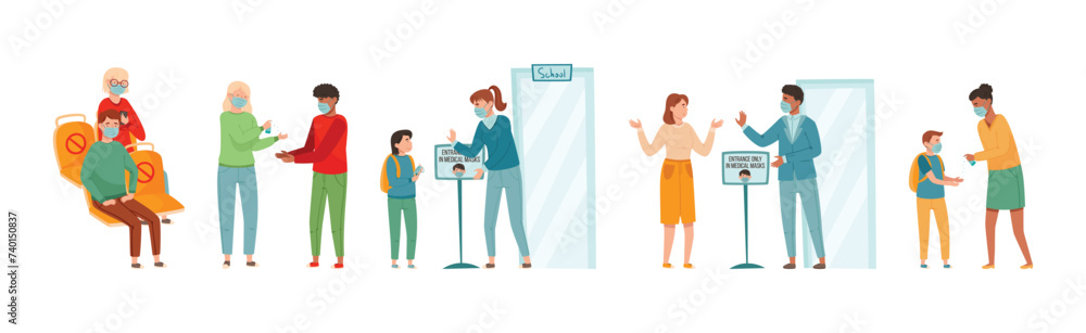 Coronavirus with People Characters Engaged in Protective Measure Vector Set Coronavirus with People Characters Engaged in Protective Measure Vector Set