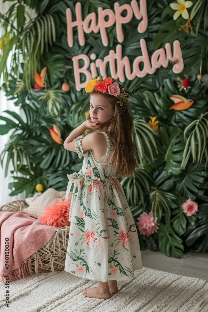 A young girl stands joyfully in front of a vibrant Happy Birthday sign, smiling with excitement as she celebrates a special day