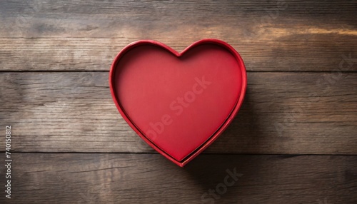 Red cardboard heart-shaped box on wooden backdrop. Craft eco package  holiday gift. Flat lay