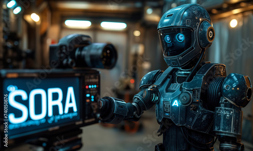 Advanced Humanoid Robot Filmmaker Demonstrating Sora Text-to-Video AI Model in a High-Tech Videography Studio Setting with Camera Equipment photo