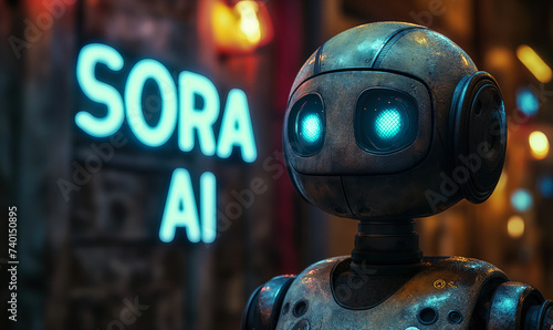 Futuristic Autonomous Robot in Dimly Lit Ambiance Representing SORA AI, a Text-to-Video Model by OpenAI, Showcasing Advanced Artificial Intelligence photo