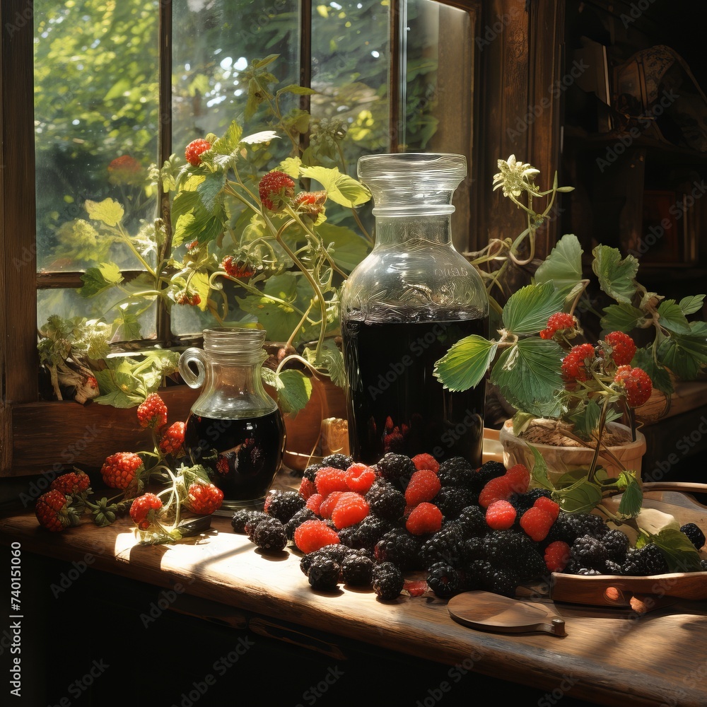 Home beauty: still life with blackberries and flowers on the window