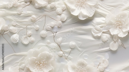 a jade Ruyi adorned with fine diamonds, resting delicately on milky white silk, with scattered white pearls of varying sizes adding a touch of opulence to the scene. SEAMLESS PATTERN.