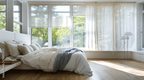 A bedroom with Scandinavian style window treatments, such as simple blinds or sheer curtains for natural light