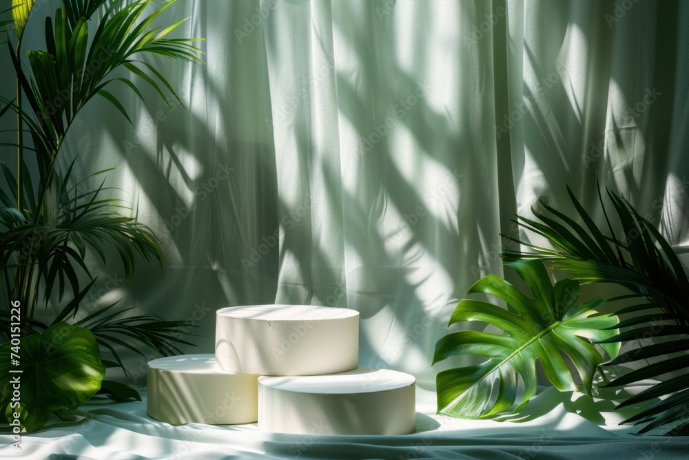 An array of white display pedestals in a sunlit room with dramatic Monstera leaf shadows casting over them, creating a vibrant botanical display.